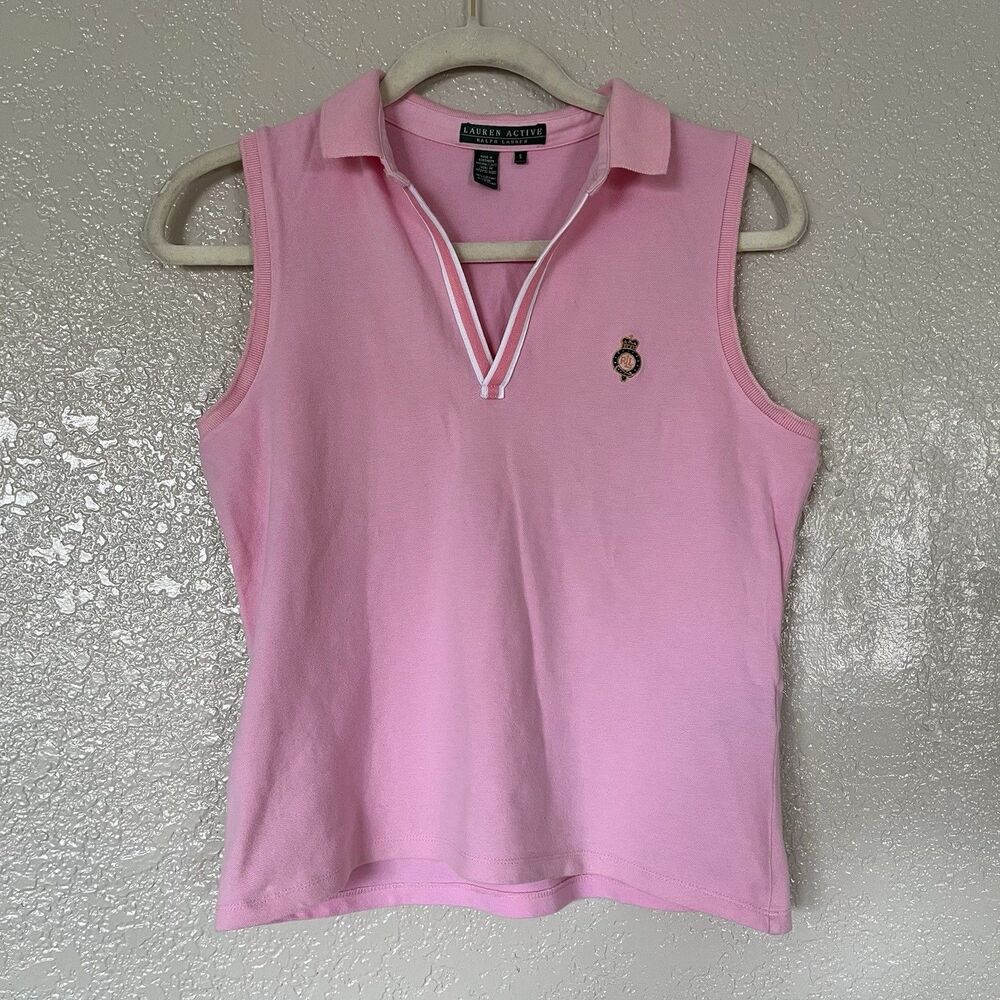 Lauren Ralph Lauren Y2K Pink Sleeveless Polo Shirt Crest Logo Preppy Golf Small